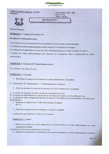 Devoir surveillé de SVT niveau Seconde C Lycée Classique Abidjan 2021-2022