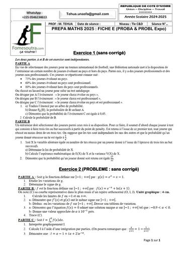 PREPA BAC 2025 MATHS SERIE C&D FICHE E (PROBA & PROBL Expo)  AVRIL 2025 BY TEHUA