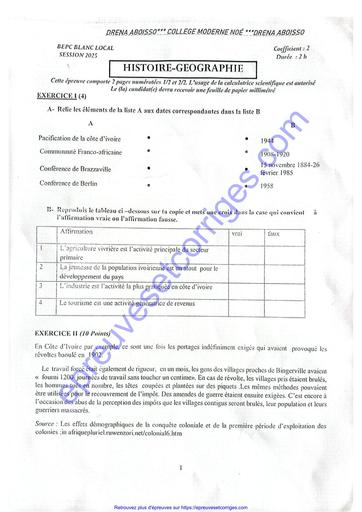 SUJET ET CORRIGÉ BEPC BLANC 2025 HISTOIRE GEOGRAPHIE DRENA ABOISSO BY TEHUA