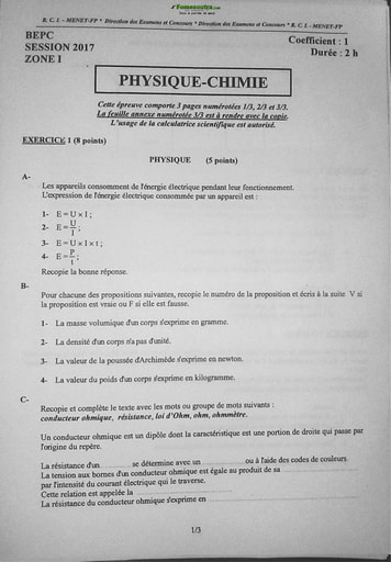 Sujet corrigé et barème de Physique Chimie BEPC 2017 zone 1