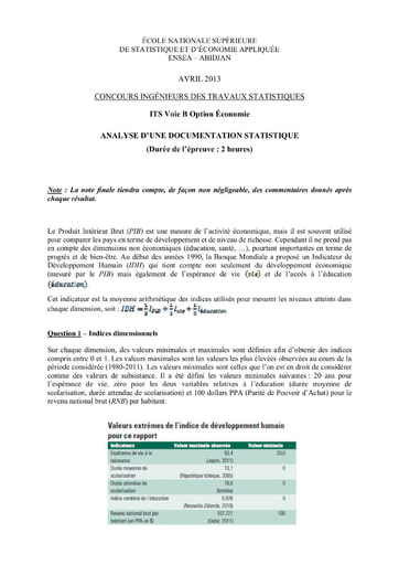 Sujet Analyse d'une Documentation Statistique ITS B option Economie 2013 (ENSEA)
