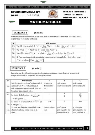 DEVOIR DE MATHS NIVEAU Tle D TRIMESTRE 1 COLLEGE SAINTE MOISE 2025 BY TEHUA