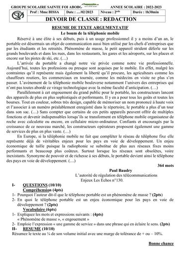 Devoir de Français Niveau Seconde Collège Sainte Foi 2023