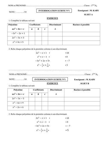 Interrogation ecrite N°1 De MATHS niveau 1ière A Septembre 2025 by Tehua