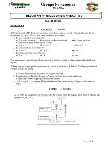 DEVOIR N°1 PHYSIQUE CHIMIE NIVEAU Tle D by Tehua