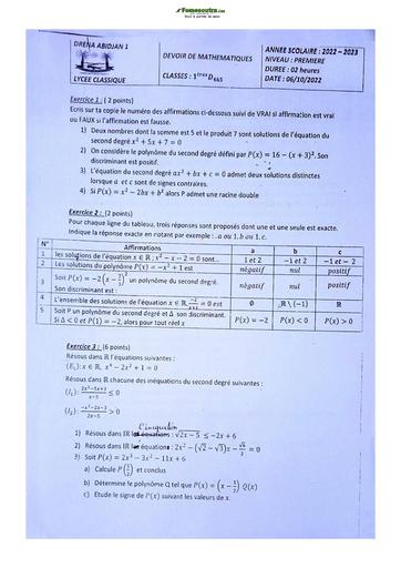 Sujet de Mathématique Première D Lycée Classique Abidjan 2022-2023