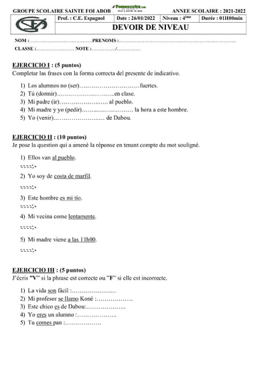 Devoir d'Espagnol Niveau 4 ième Collège Sainte Foi 2022