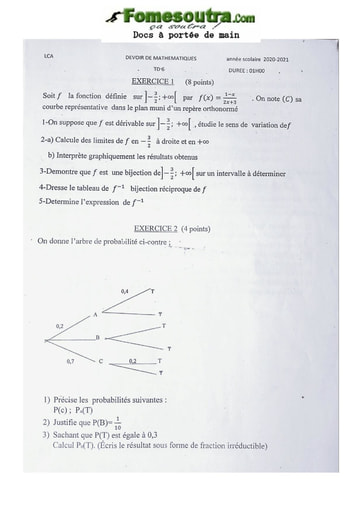 Devoir de Mathématique Terminale D 2020 2021