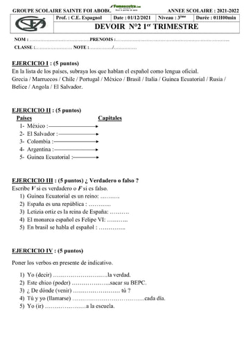 Devoir d'Espagnol Niveau 3ème Collège Sainte Foi