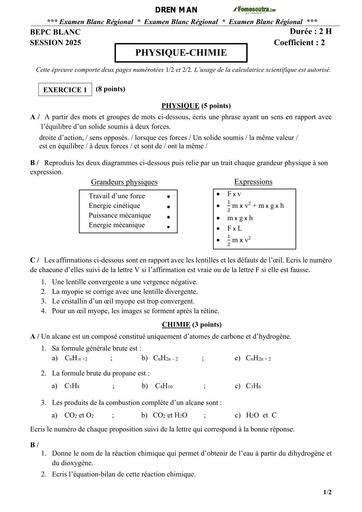 BEPC BLANC REGIONAL MARS 2025 PHYSIQUE CHIMIE DREN MAN BY TEHUA