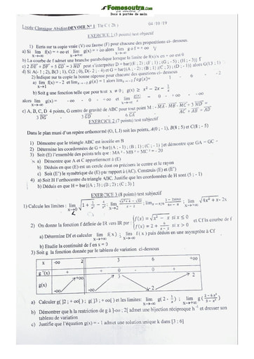 Sujet de Mathématique Terminale C Lycée Classique Abidjan 2016