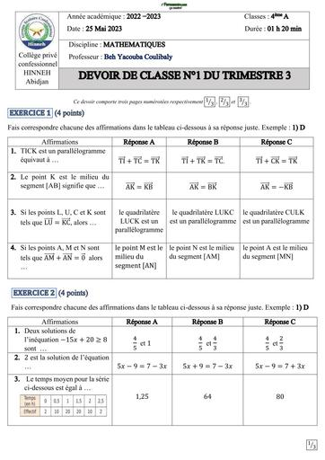 DEVOIR DE MATHS NIVEAU 4ième HINNEH 2023 TRIMESTRE 3  BY TEHUA
