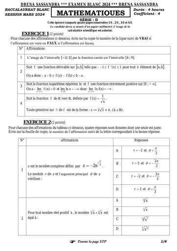 BAC blanc 2024 serie D MATHS dren Sassandra by Tehua