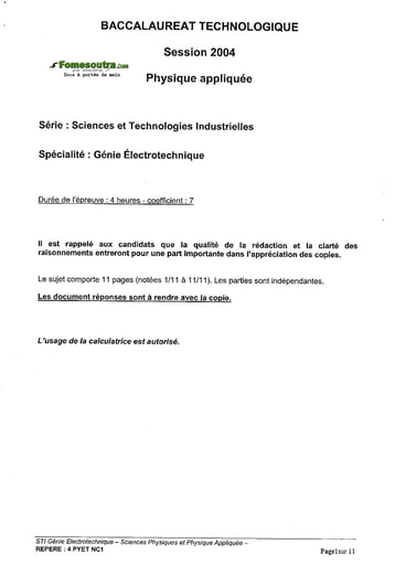 Sujet de Physique Appliquée - BAC Génie Électronique 2004