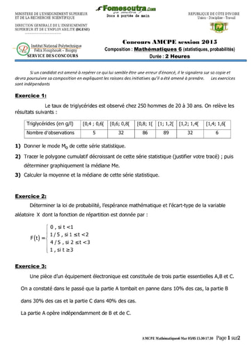 Sujet de Mathématiques 6 (statistiques, probabilités) concours AMCPE 2015