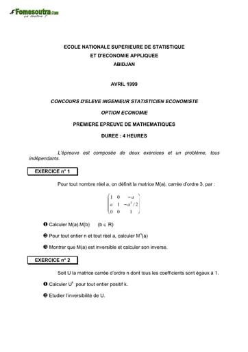 Sujet 1ère épreuve de maths ISE option économie 1999 (ENSEA)