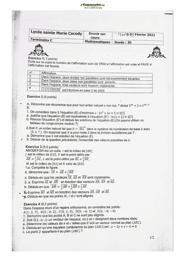 Sujet de Mathématique Collège Sainte Marie 2021