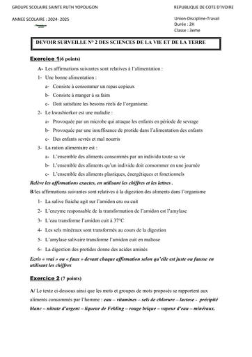 SUJET 3ième devoir d'SVT sainte ruth DE YOPOUGON BY TEHUA