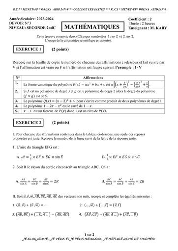 DEVOIR N°3 MATHS 2nde C COLLEGE LES ELITES BY TEHUA