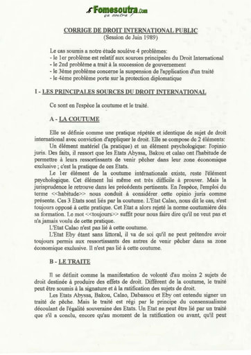 Corrigé de l'épreuve de Droit International Public - Juin 1989