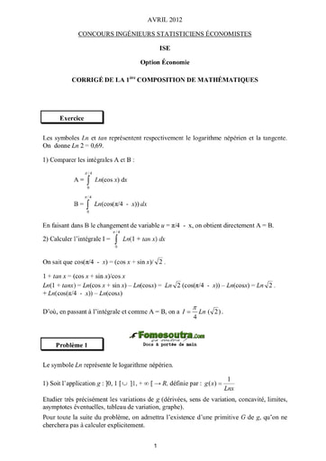 Corrigé 1ère épreuve de maths ISE option économie 2012 (ENSEA - ISSEA)