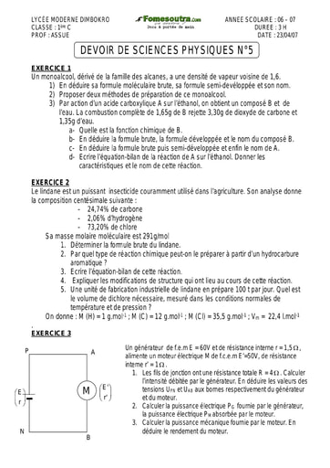 Devoir (6) de Physique-Chimie 1ère C Lycée Moderne de Dimbokro