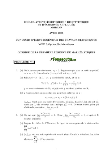 Corrigé 1ère épreuve de maths ITS B option Maths 2003 (ENSEA)