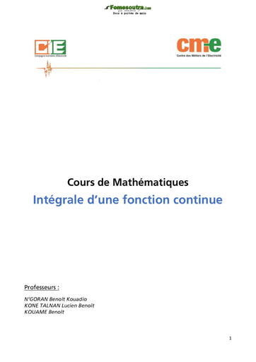 Cours Mathématiques : Intégrale d'une fonction continue