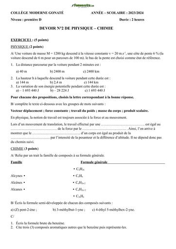 DEVOIR 2 PC 1iere D collège gonaté 2024 by Tehua