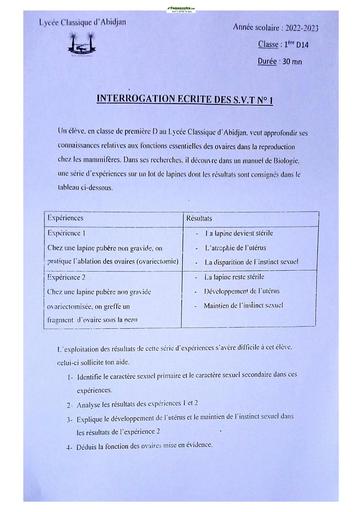 Sujet de SVT niveau Première D Lycée Classique Abidjan 2022-2023