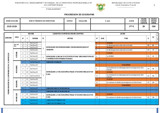 PROGRESSION 2023 2024 GEOGRAPHIE 1ère E