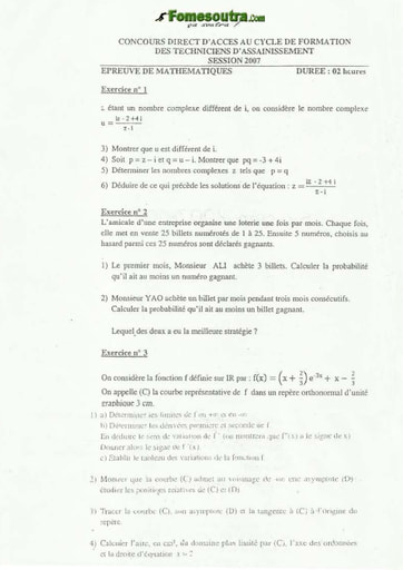 Sujet de Maths Techniciens d'Hygiène et d'Assainissement INFAS 2007