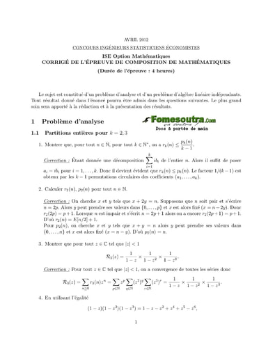 Corrigé Sujet 1ère épreuve de maths ISE option maths 2012 (ENSEA - ISSEA - ENSAE)