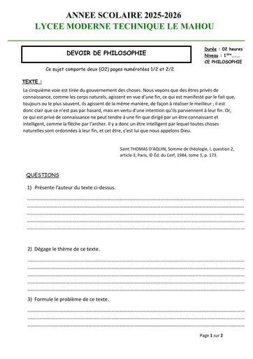 DEVOIR 2 DE PHILO 1ière Avril 2026