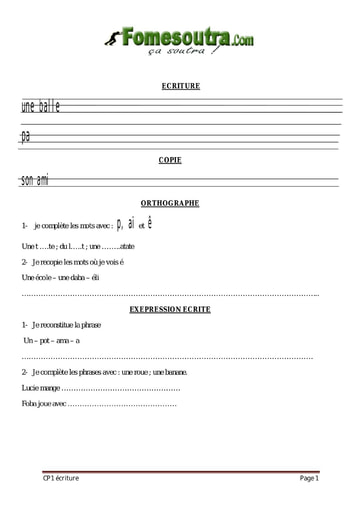 Evaluation Ecriture-Orthographe-Vocabulaire CP1