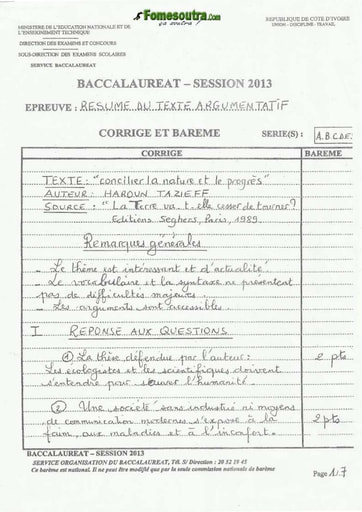 Corrigé Sujet 1 de Français Bac A B C D E H 2013