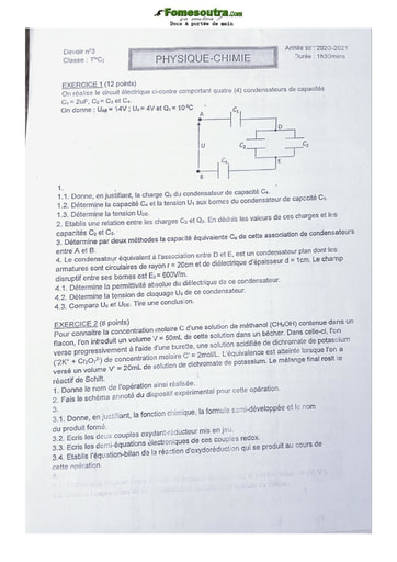 Sujet de Physique-Chimie Lycée Classique Abidjan 2020/2021