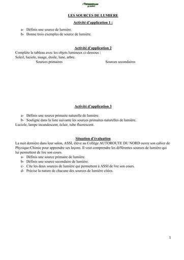 LES DEVOIRS PC NIVEAU 4ième LES SOURCES DE LUMIERE by TEHUA