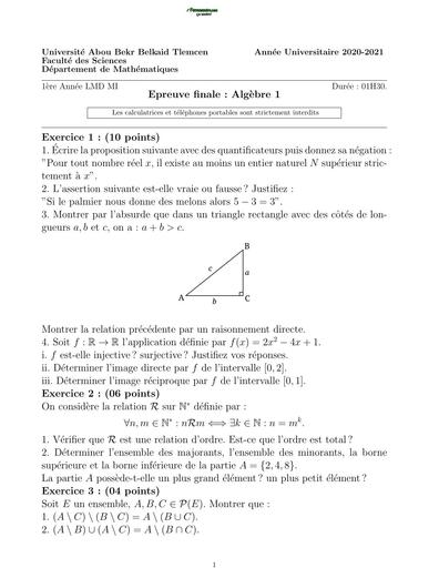 Examen1 Algèbre 1 MI L1 Tlemcen by TEHUA