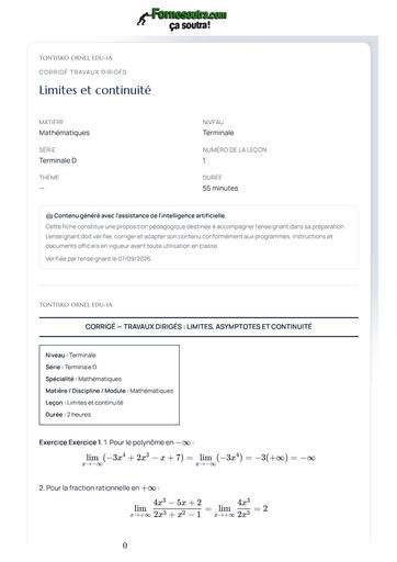 FICHE DE travaux dirigés Mathematiques Terminale D Limites et continuite BY TEHUA