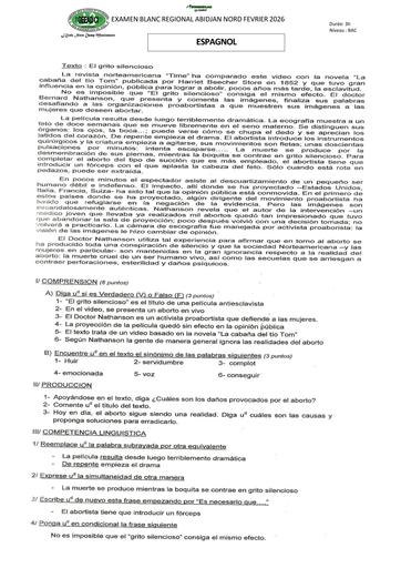 BAC BLANC FEVRIER 2026 DRENA ABIDJAN NORD SUJET LV2 ESPAGNOL SERIE A (SUJET) by TEHUA