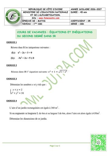 FICHE 3 MATHS 1ière C&D EQUATIONS ET INEQUATIONS DU 2nd DEGRE DANS R BY TEHUA