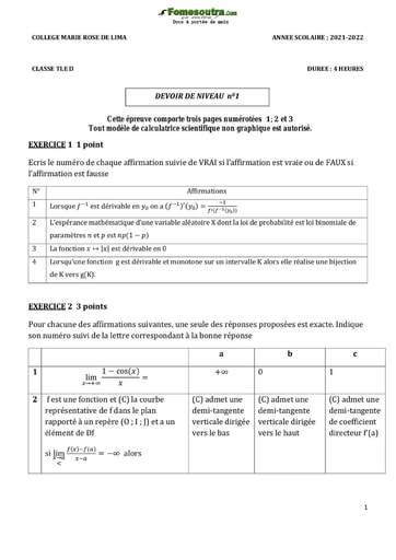 Devoir de Mathématiques niveau Terminale D - Collège Marie Rose de Lima - Année 2021-2022