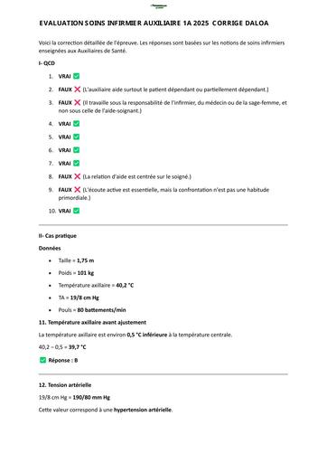 INFAS EVALUATION SOINS INFIRMIER AUXILIAIRE 1A 2025  DEVOIIR DE GROUPE DALOA CORRIGE BY TEHUA