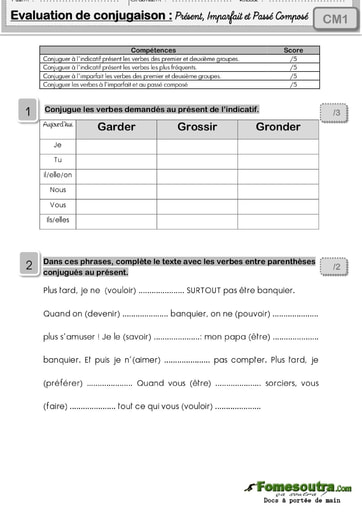 Evaluation de conjugaison (1) : Présent, Imparfait et Passé Composé - Niveau CM1