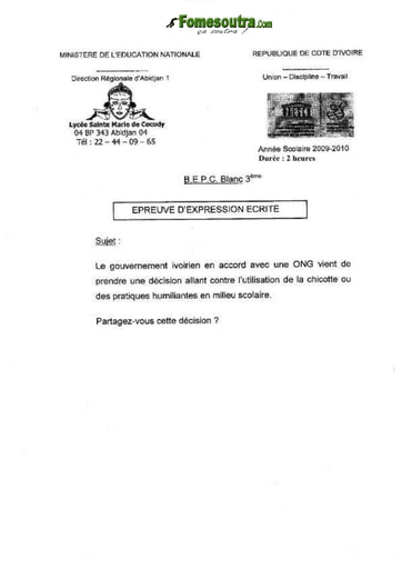 Sujet d'Expression ecrite BEPC blanc 2010 Lycée Sainte Marie de Cocody