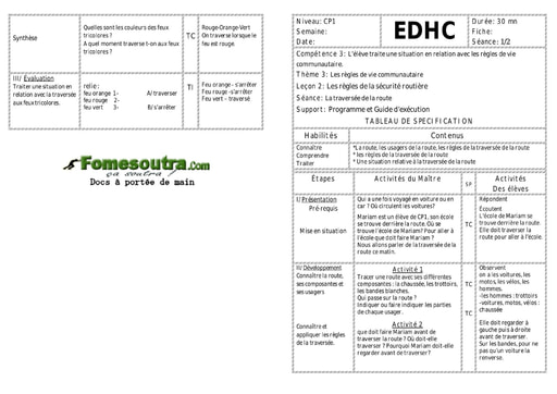 Les règles de la sécurité routière - Fiche pour enseignant CP1