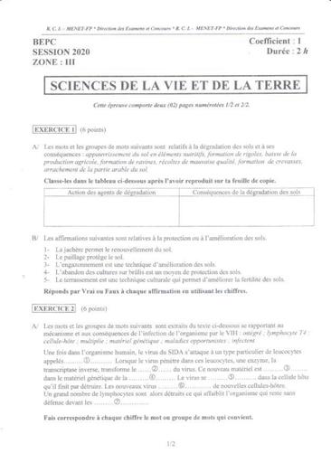 EPREUVE BEPC 2020 SVT ZONE 3 COTE D'IVOIRE