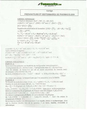 Corrigé Chimie Préparateur et Gestionnaire en Pharmacie INFAS 2006