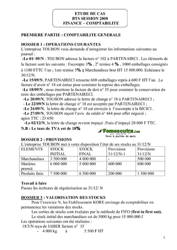 Sujet corrigé Etude de Cas BTS Finances Comptabilité 2008